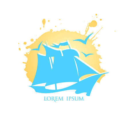 Sailing ship with blot sun and seagulls on a backdrop, vector logotype designのイラスト素材