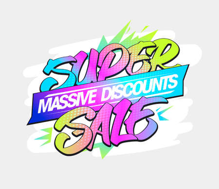 Super sale, massive discounts, vector banner design, graffiti street style lettering posterのイラスト素材