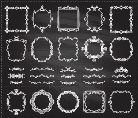 Chalk vintage line monogram frames and dividers set on a blackboard, hand drawn vector illustrationのイラスト素材