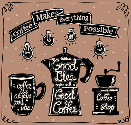 Vector poster with coffee - coffee make everything possible, coffee it's always good idea, etc.のイラスト素材