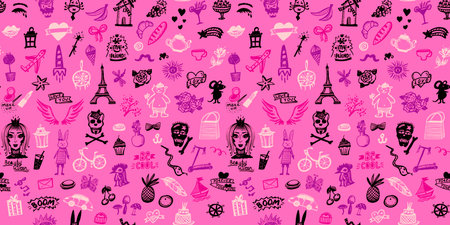 Doodle style seamless pattern with teen style line elements, vector illustrationのイラスト素材
