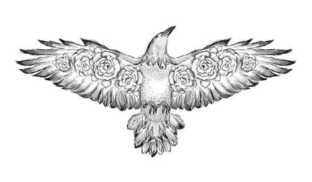 Flying bird with roses in wings, hand drawn vector graphic illustration, black and white tattoo style.のイラスト素材