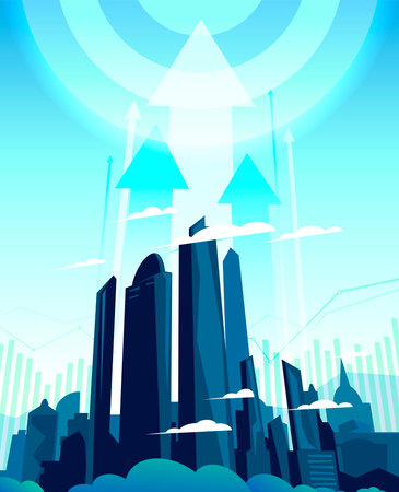 Huge growing daily metropolis, cartoon vector illustration with up arrows and target, economic development design concept. Futuristic urban architecture with clear bright blue sky.のイラスト素材