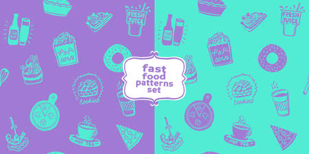 Two fast food seamless patterns with doodle style food symbols - donut, popcorn, pizza, tea, fresh juice, cake, beer, cookies and sandwich elementsのイラスト素材