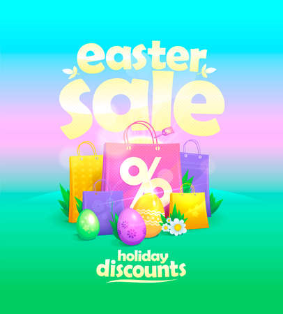 Easter sale poster web template with traditional colored Easter eggs and paper bags. Holiday discounts vector mockupのイラスト素材