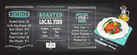Fish menu chalkboard template with salmon steak on a plate hand drawn vector illustration.のイラスト素材