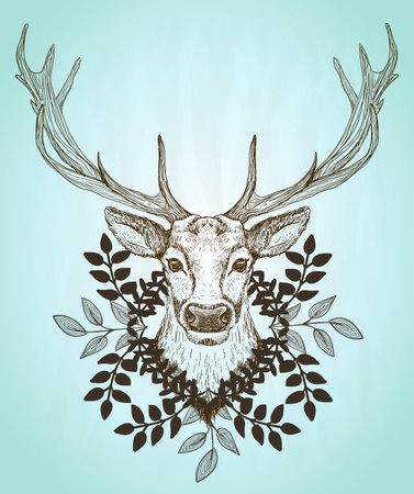 Male deer front view portrait, decorated leaves wreath, vintage style graphic illustration, rasterized versionの写真素材