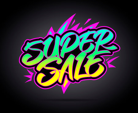 Super sale, massive discounts banner template, graffiti street style lettering vector posterのイラスト素材