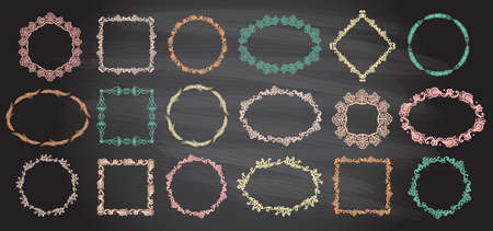 Natural style chalk frames set on a chalkboard backdrop. Vector frames collection decorated maple leaves, ears of wheat, flowers and butterflies, suitable for invitation, cards or text borders.のイラスト素材