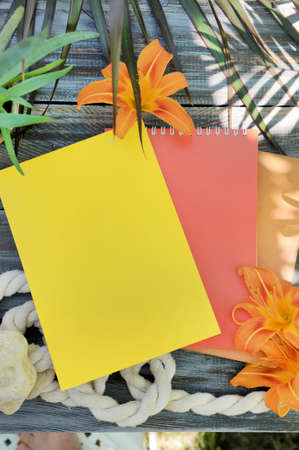 Mock up with two empty space colored notebooks on a wooden table, flat lay, outdoor summer photo...