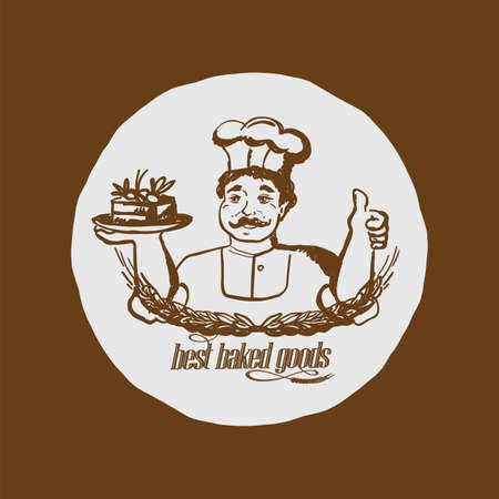 Baker portrait showing yummy cake and thumbs up, best baked good lettering, bakery vector illustration with wheat ears, sketch styleのイラスト素材