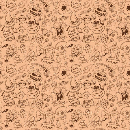 Halloween seamless pattern, vector halloween holiday background, hand drawn line graphic illustration, sketch styleのイラスト素材
