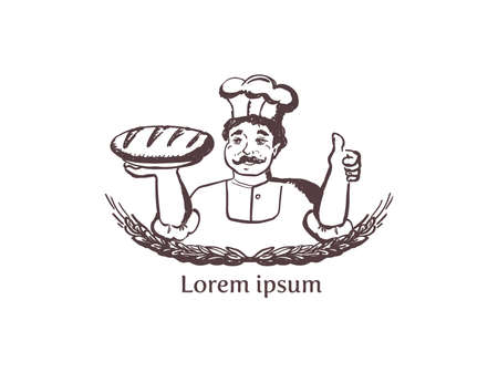 Baker portrait with bread showing thumbs up, bakery label cartoon vector illustration with wheat ears. Retro style logo design templateのイラスト素材