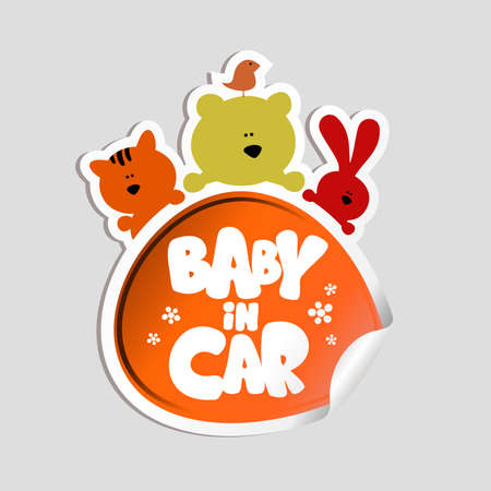 Baby in car sticker vector template with funny cute animalsのイラスト素材