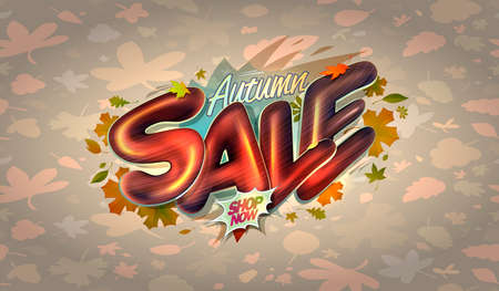 Autumn sale poster or web banner vector mockup with shiny 3D lettering and autumn leaves backdropのイラスト素材