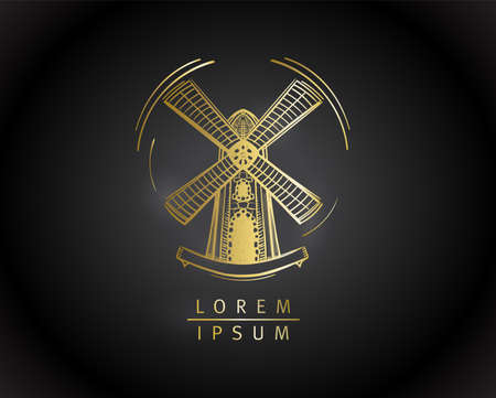 Golden windmill logotype or symbol, graphic vector illustrationのイラスト素材