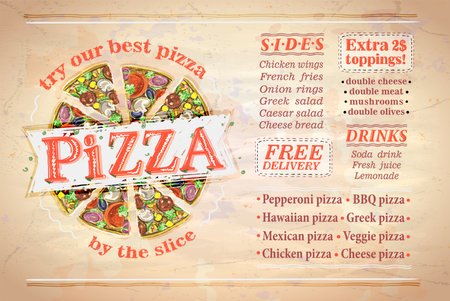 Pizza menu list, board or flyer vector mockup with place for text and pizza slices graphic illustration, vintage style paper on a backdropのイラスト素材
