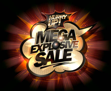 Mega explosive sale, hurry up, web banner or poster vector template with golden speech bubble and rays on the backdropのイラスト素材