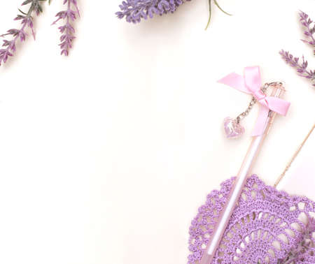 Mock up with diary and lavender flowers, outdoor flat lay photo, girlish secrets concept