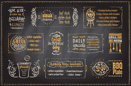 Barbecue menu chalkboard template, menu board with BBQ symbols and dishes lettering, blackboard chalk grill menu display set for cafe or restaurantのイラスト素材