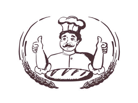 Baker portrait showing thumbs up by two hands, bakery  vector illustration with wheat ears and bread, old style  design mockupのイラスト素材