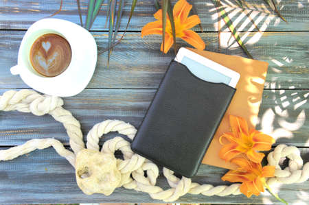 Template with e-book, coffee, outdoor summer photo, tropic style