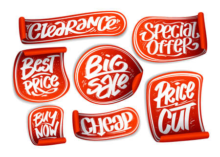Buy now, cheap, special offer, price cut, beat price and clearance - vector stickers set mockup with hand drawn letteringのイラスト素材