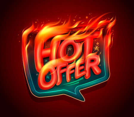 Hot offer, fiery sale vector banner template with burning letteringのイラスト素材