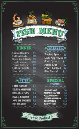 Fish chalk menu board vector mockup with dinner, starters, sides and special menu templatesのイラスト素材