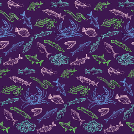 Marine style graphic seamless pattern with fish and crustaceans, vector sketch style pattern suitable for textile and web backdropの写真素材