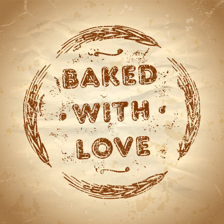 Baked with love rubber stamp imprint, vector symbol for baked goods on an old style retro paper backdropの写真素材
