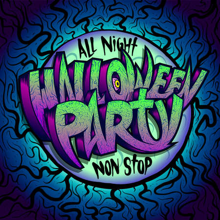 Halloween party graphic card, flyer invitation or vector design template with hand drawn lettering, graffiti style and moon on a backdropのイラスト素材