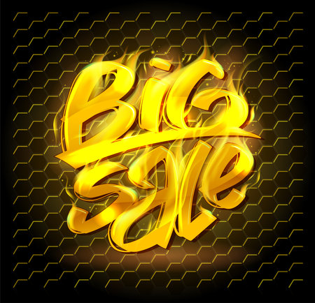 Big sale, hot fiery lettering sale vector banner template with golden colored burning lettering and honeycomb backdropのイラスト素材