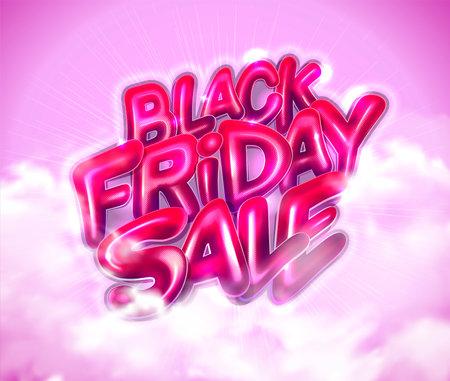 Black friday sale vector web banner or flyer mockup with shiny 3D lettering and cloudsのイラスト素材