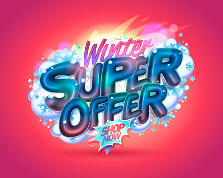 Winter super offer advertisement web banner vector template with glossy letteringのイラスト素材