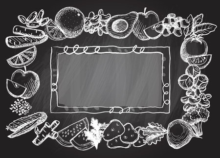 Chalkboard frame with assorted vegetables and fruits, empty space chalk menu graphic vector templateのイラスト素材