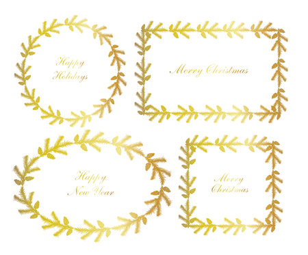 Assorted golden Christmas fir wreath frames set, doodle style gold colored vector illustrationのイラスト素材