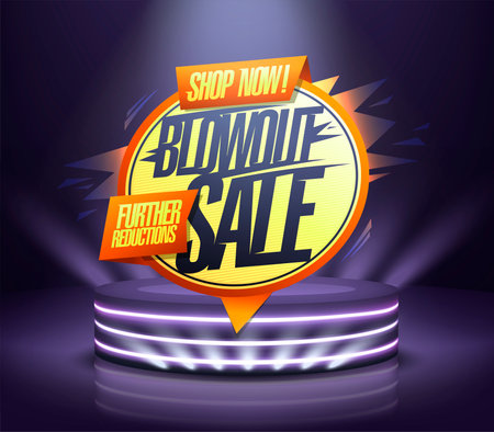 Blowout sale, further reductions - vector web banner template with podium and rays of lightのイラスト素材