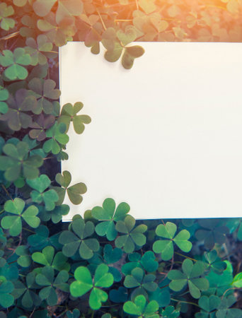 Empty paper white list mockup on clover and flowers backdrop with sun shineの写真素材