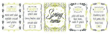 Spring menu board vector template with starters menu, salads menu, main dishes and desserts. hand drawn illustrationのイラスト素材