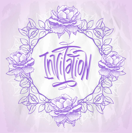 Invitation card with classical floral frame with roses, hand drawn vector illustrationのイラスト素材