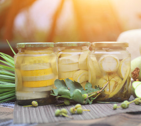 Home preservation with marinated zucchini, outdoorの写真素材