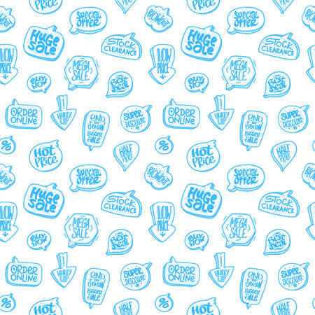 Seamless hand drawn vector pattern with sale and discounts theme signs, symbols and labelsのイラスト素材