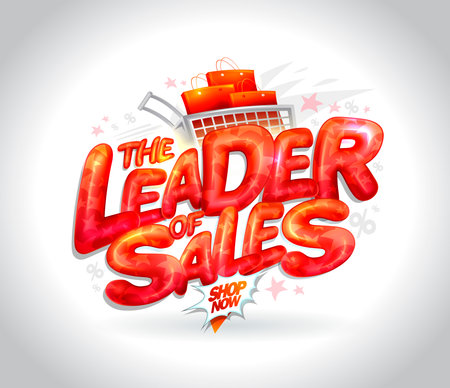 The leader of sales vector flyer mockup with red glossy letters and full shopping cartのイラスト素材