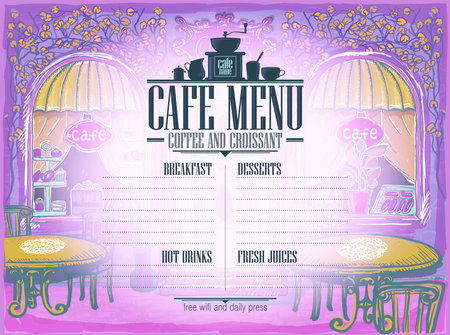 Cafe menu list template with vintage style graphic illustration of old style street cafe and place for textのイラスト素材