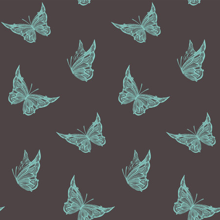 Nature style seamless pattern with flying butterflies, art graphic vector backgroundの写真素材