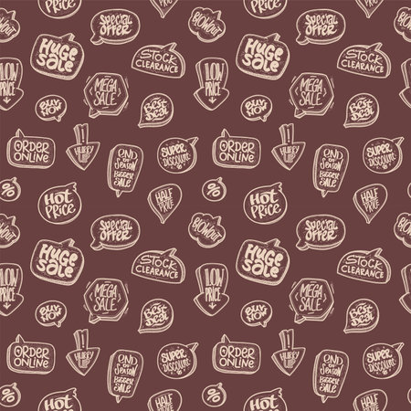 Hand drawn seamless vector pattern, sale and discounts theme brown backgroundのイラスト素材