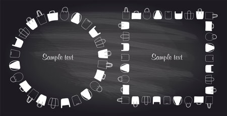 Vector borders set with shopper bags or tote bags symbols on a chalkboard, hand drawn vector illustrationのイラスト素材