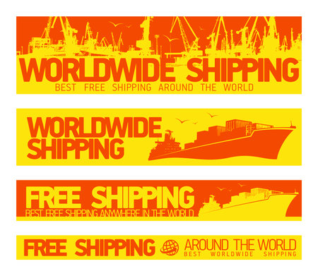 Worldwide free shipping web banners vector set with cargo ships and port silhouettesのイラスト素材