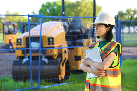 Outdoor builder woman portrait, construction woman worker
